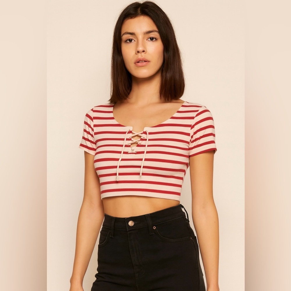 United Colors Of Benetton Red and White Striped Lace-Up Crop Top